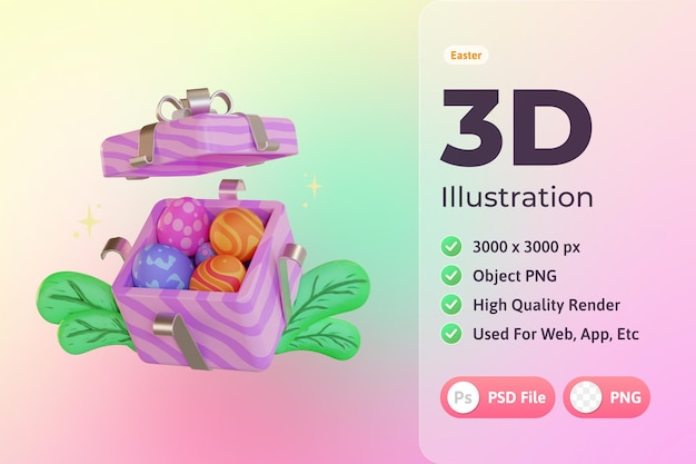 Easter 3d illustration, gift box with eggs