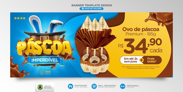 PSD easter banner of offers in portuguese 3d render for marketing campaign in brazil