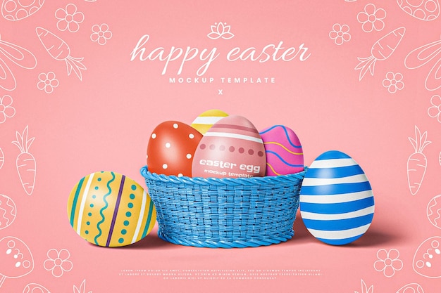 PSD easter basket mockup with colorful eggs