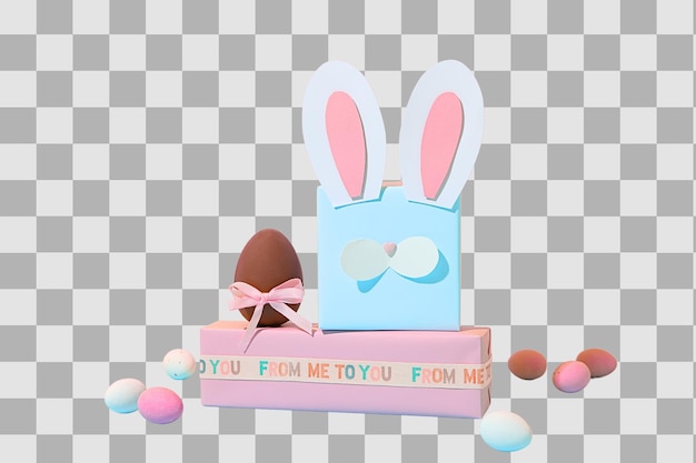 Easter Bunny box and colorful eggs isolated on white PNG