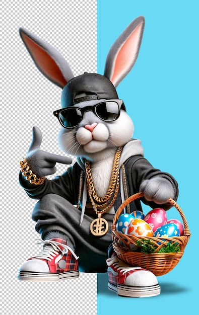 PSD easter bunny hiphop style with a basket of a easter eggs on a transparent background