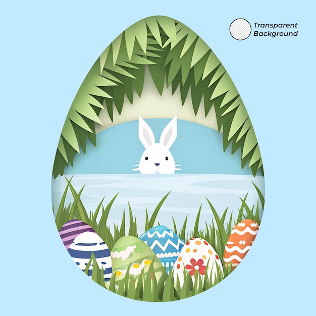 Easter Bunny with Colorful Eggs in Leafy Egg Frame on Transparent Background