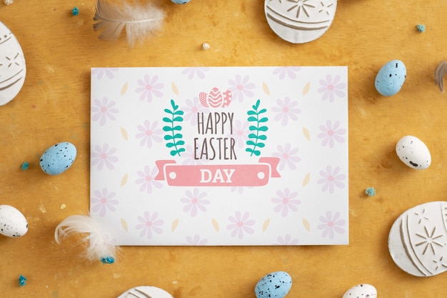 PSD easter card surrounded by eggs.