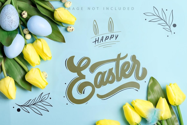 Easter corner mockup from fresh spring tulips flowers, handmade painted chicken and quail eggs