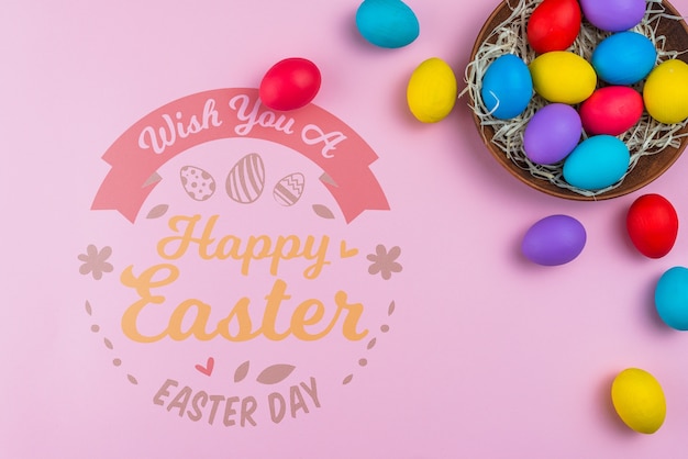 PSD easter day mockup with colorful eggs