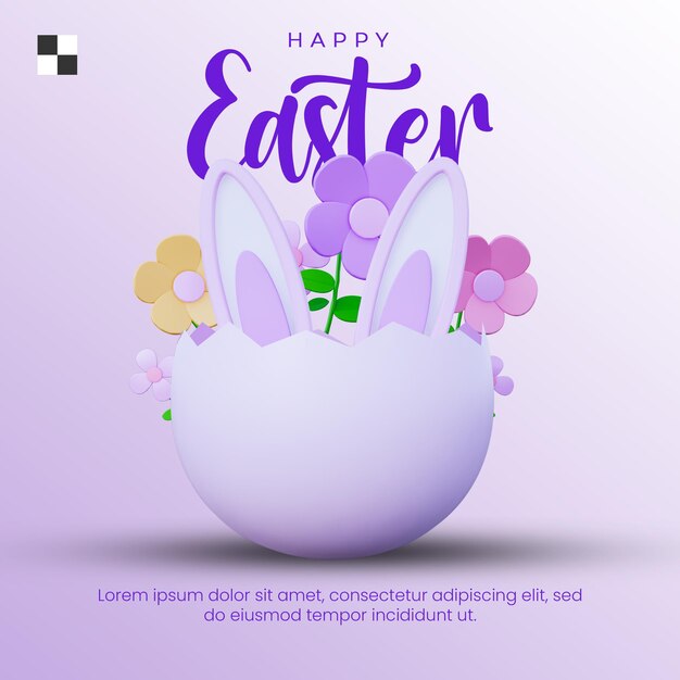 Easter day with eggs and bunny 3d illustration banner template