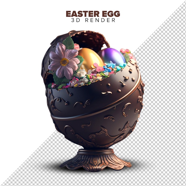 An easter egg is in a brown egg shaped bowl