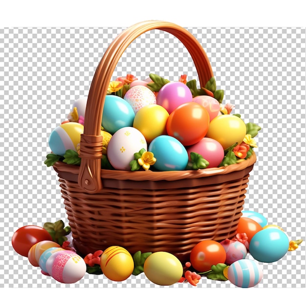 Easter eggs in a basket in png 3d render illustration