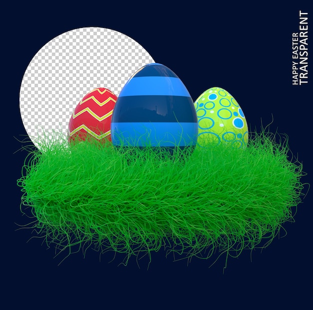 Uova di pasqua in erba, uova colorate rendering 3d, uovo di pasqua, erba verde