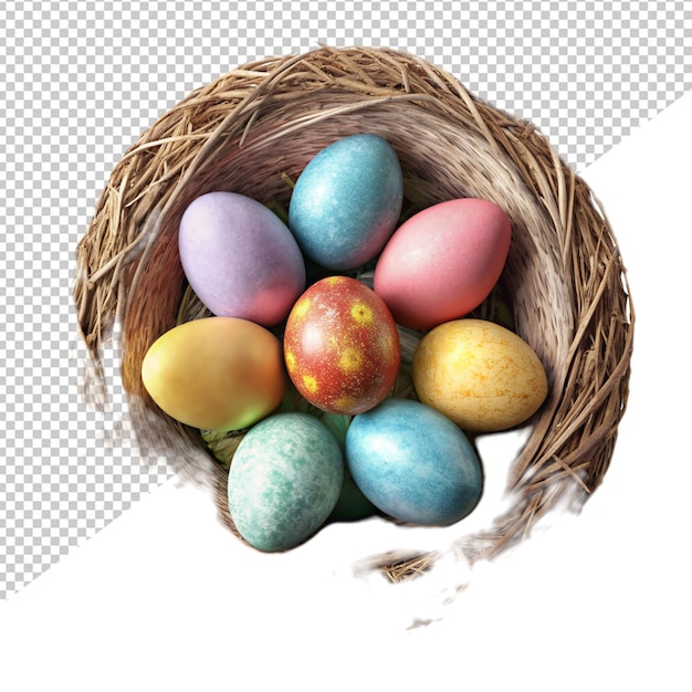 Easter eggs in nest on transparent background