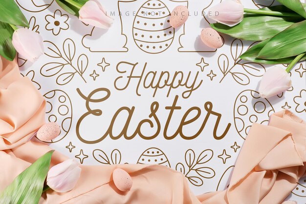 Easter eggs and tulips on pastel cloth and mockup background