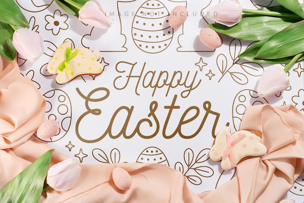 Easter eggs and tulips on pastel cloth and mockup background