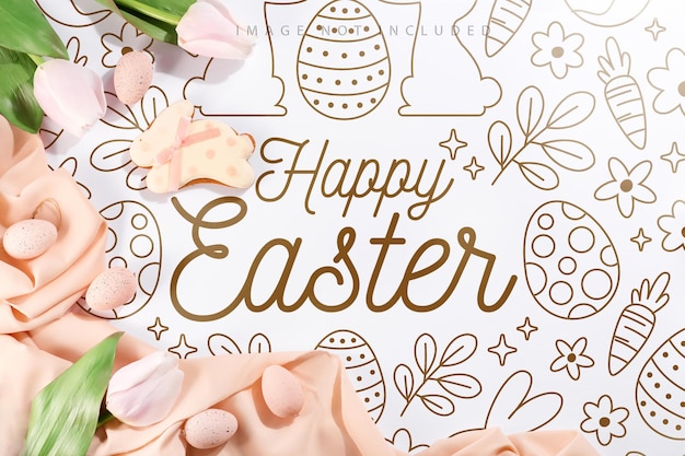 Easter eggs and tulips on pastel cloth and mockup background