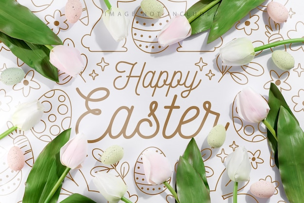 Easter eggs and tulips on pastel cloth and mockup background