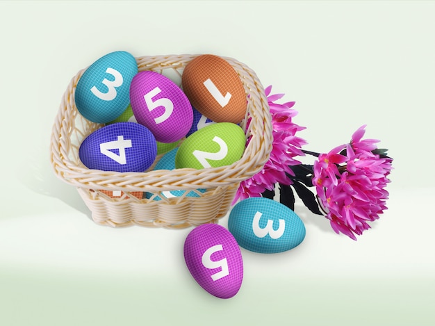 PSD easter eggs in wicker basket mockup