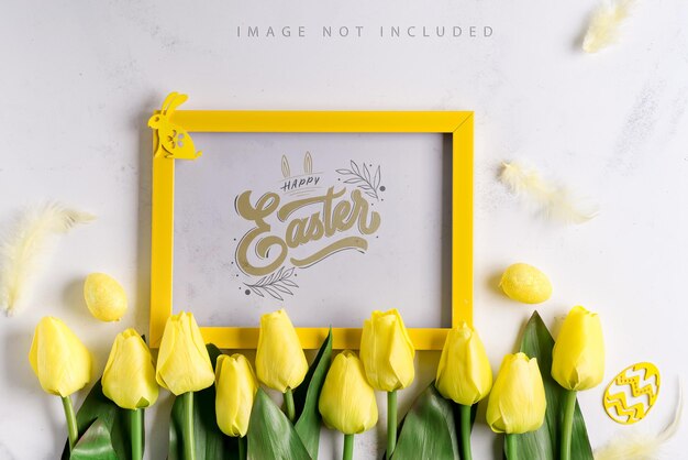 Easter Eggs with tulips and yellow photo frame mockup