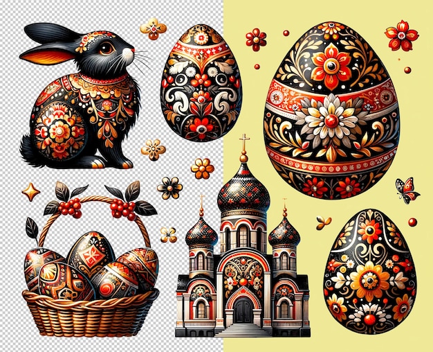 Easter elements set khokhloma russian style on a transparent background