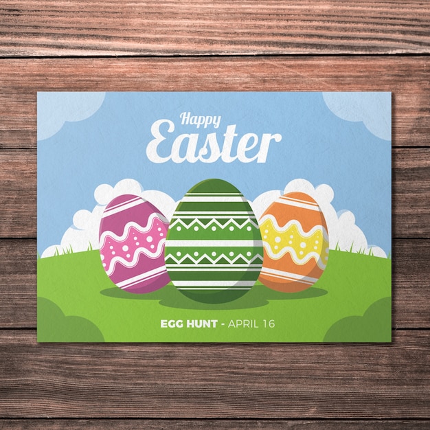 Easter greeting card mockup with three eggs