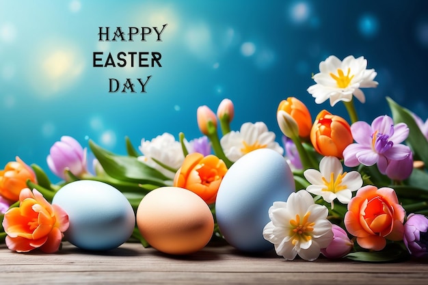Easter greeting card on shiny background with spring flowers and decoration
