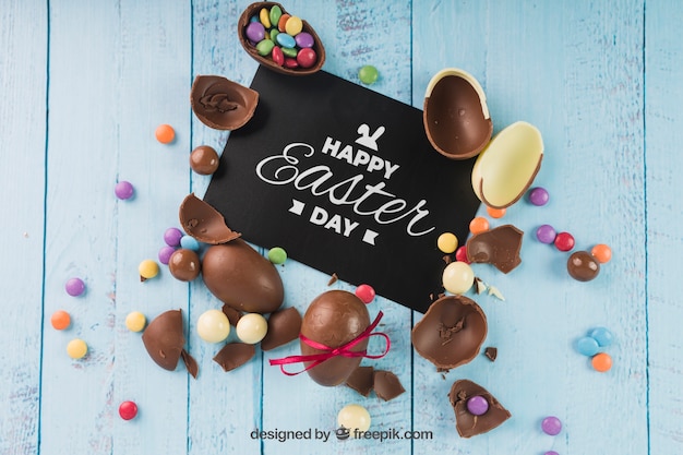 Easter mockup with broken chocolate eggs