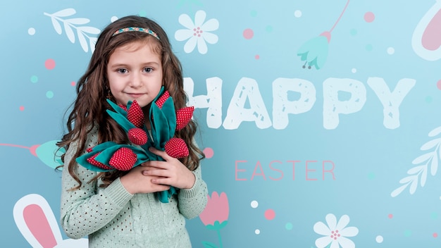 Easter mockup with brunette girl holding flowers