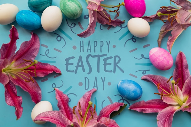 PSD mockup di pasqua con cornice di uova e fiori