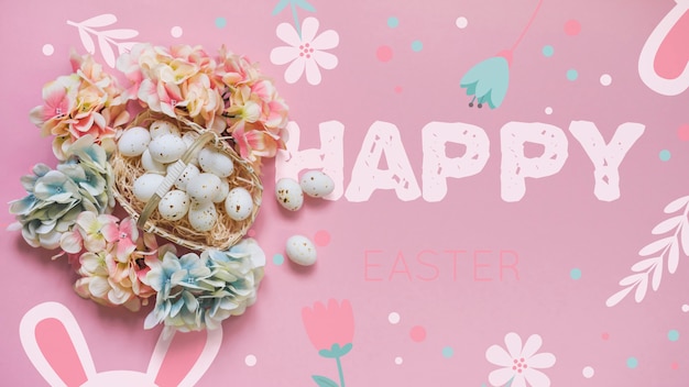 PSD mockup di pasqua con uova e fiori