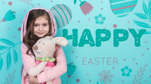 PSD easter mockup with girl and rabbit