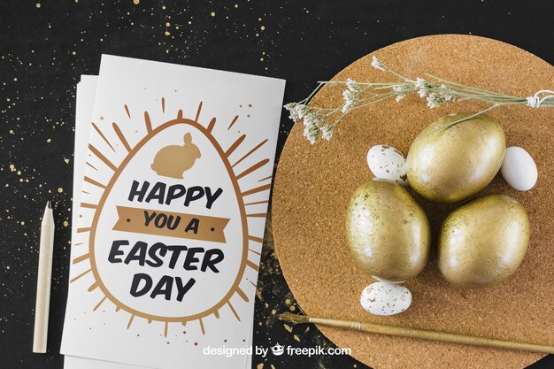 PSD easter mockup with golden eggs