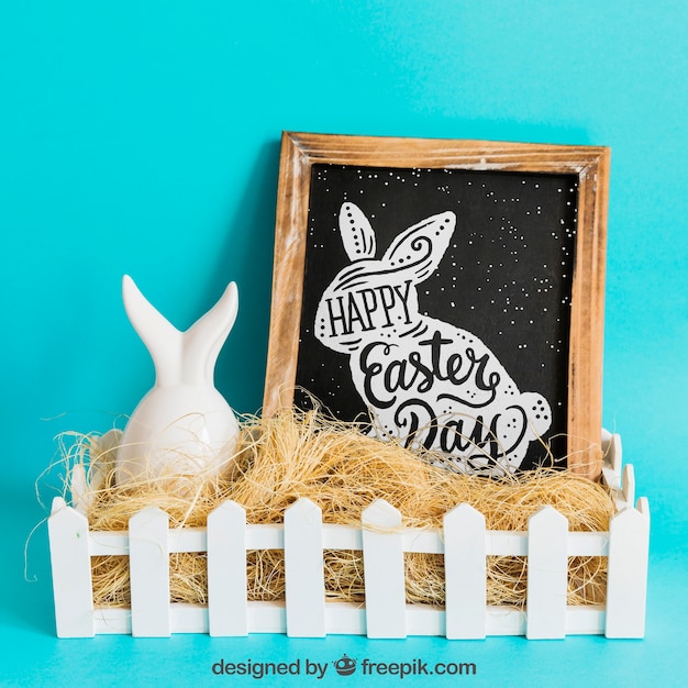 Mockup di pasqua con ardesia e paglia