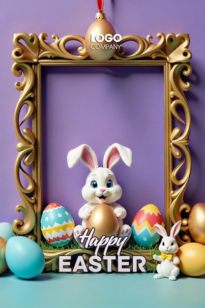 PSD easter poster or banner template with cute bunny easter eggs in the nest on a blue background