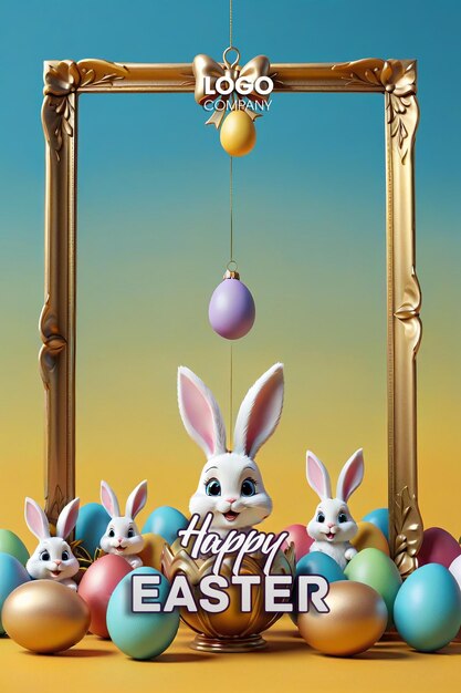 PSD easter poster or banner template with cute bunny easter eggs in the nest on a blue background