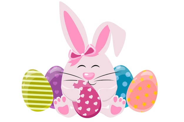 PSD easter rabbit with eggs vector illustration of cute little bunny holding easter eggs