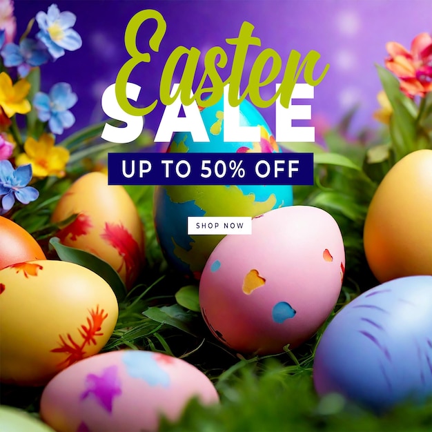 Easter sale background with easter eggs and flowers