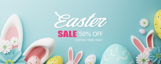 PSD easter sale banner design easter sale text up to 50 off promotion with 3d realistic bunny and eggs