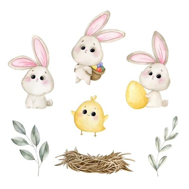 Easter set with bunnies chicken and leaves