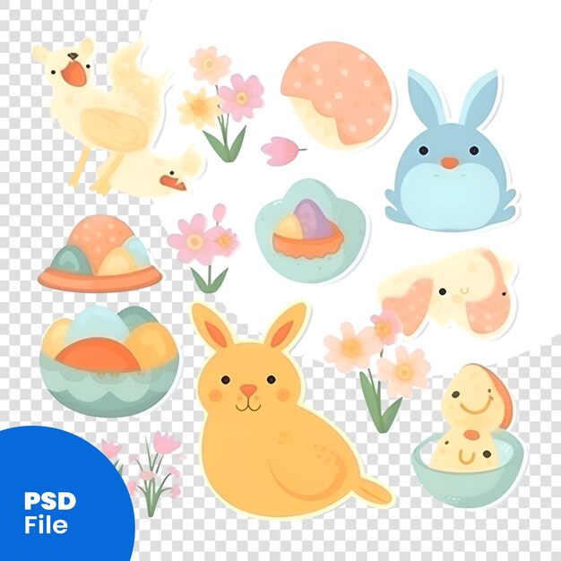 PSD かわいいウサギ、卵、鶏、花が入ったイースターセット。ベクトルイラストpsdテンプレート