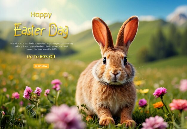 PSD eastertime concept mischievous rabbit or bunny exploring a flowery meadow background