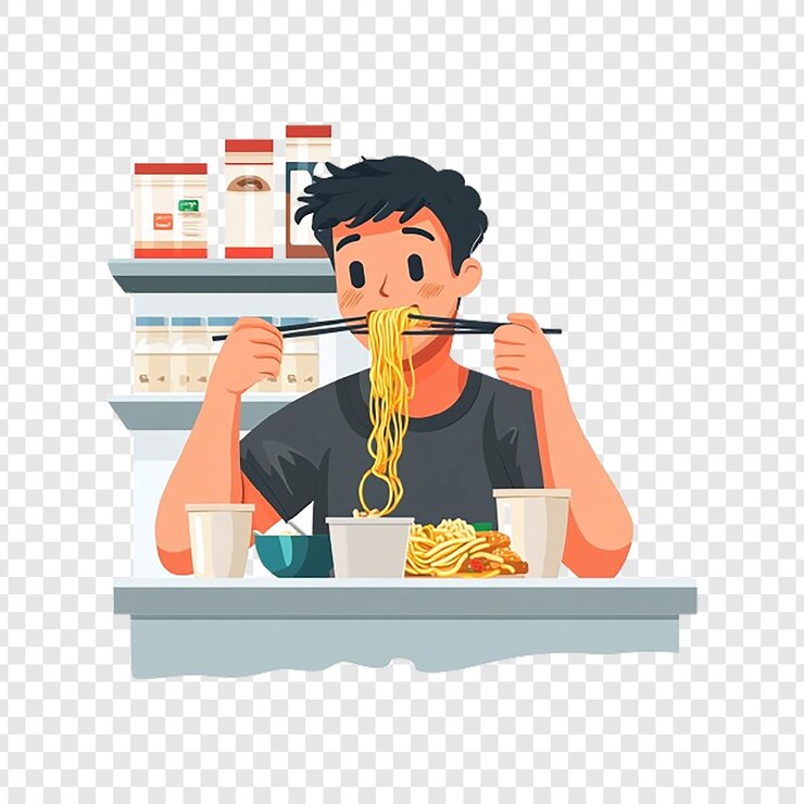 PSD 白い背景でチョップスティックでヌードルを食べている