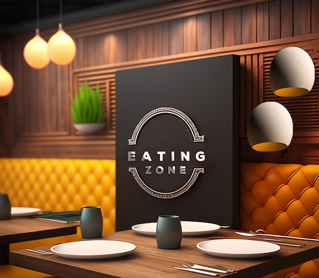 Eating Zone Logo Mockup mockup in Luxury Restaurant Sing Logo Mockup Wood wall Background