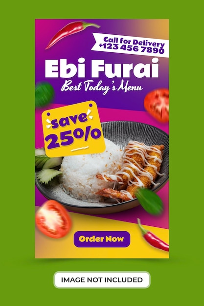 PSD ebi furai food menu and restaurant promotion with social media stories template premium psd