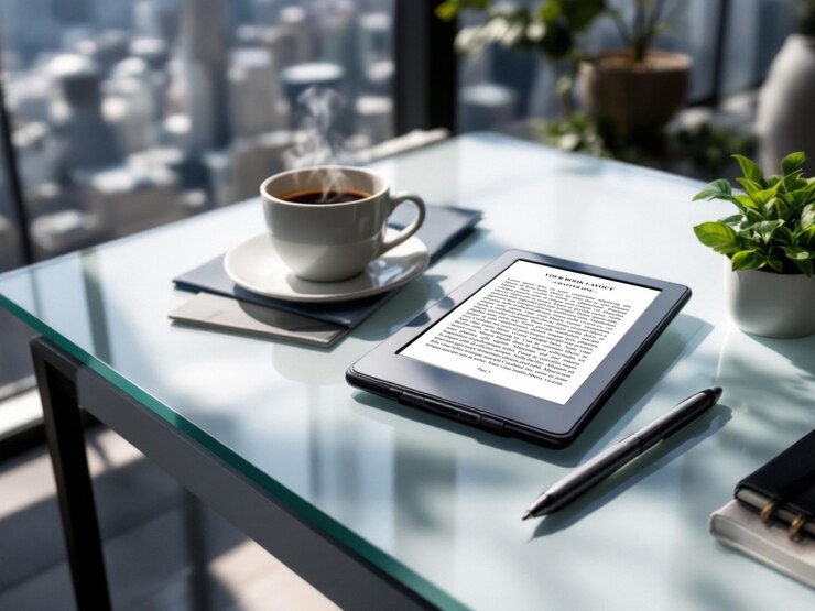 PSD ebook reader mockup in the office