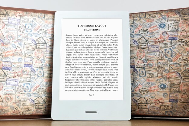 PSD ebook reader mockup on travel stamps background