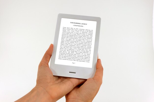 PSD ebook reader mockup with holding hands white background