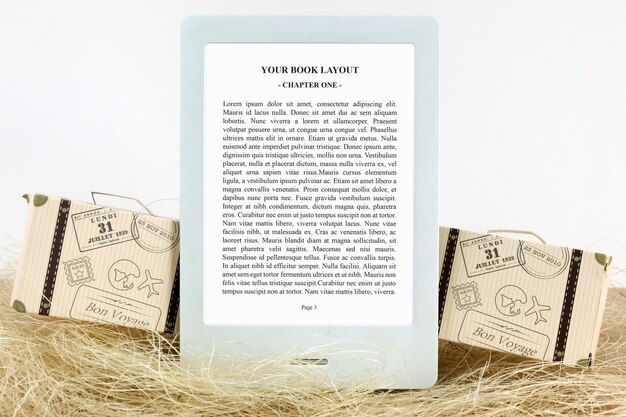 PSD ebook reader mockup with straw miniature paper suitcases