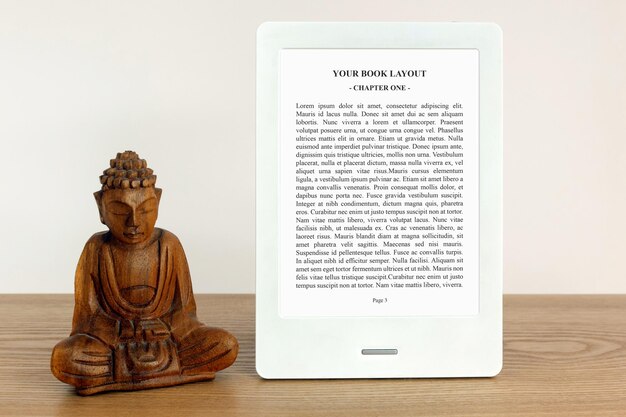 Ebook reader mockup wooden buddha statue