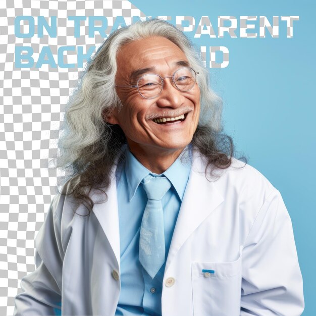 PSD eccentric molecular biologist outraged senior with long hair asian ethnicity grinning on pastel blue background