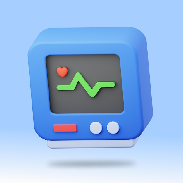 Illustrazione 3d della macchina ecg o icona 3d della vettura ecg medica