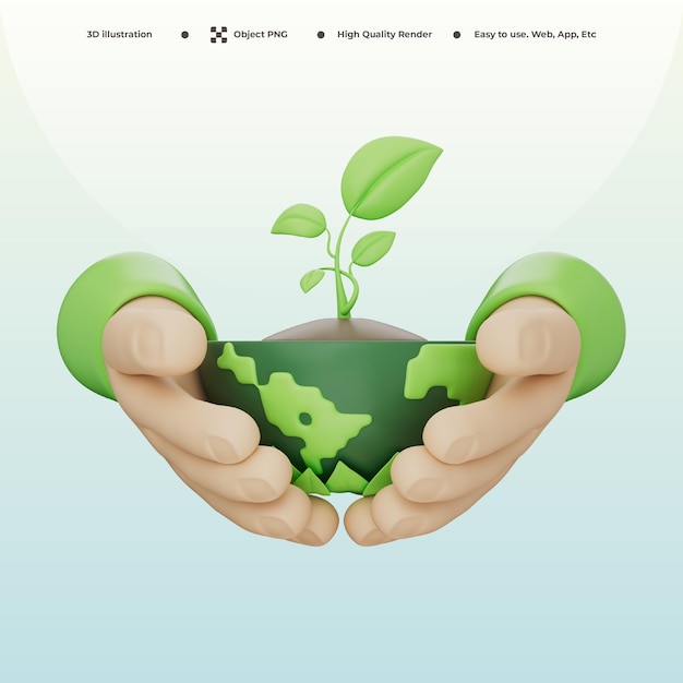 Икона Eco Earth 3D с рукой и зелеными листьями для экономии энергии и экологической осведомленности