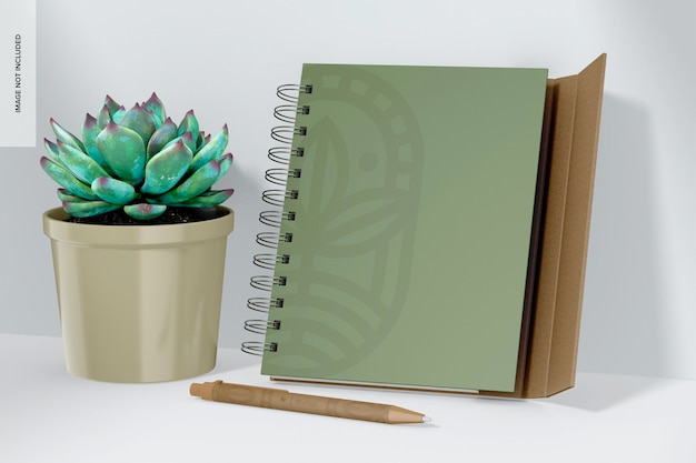 Eco friendly notebook mockup, with plant pot